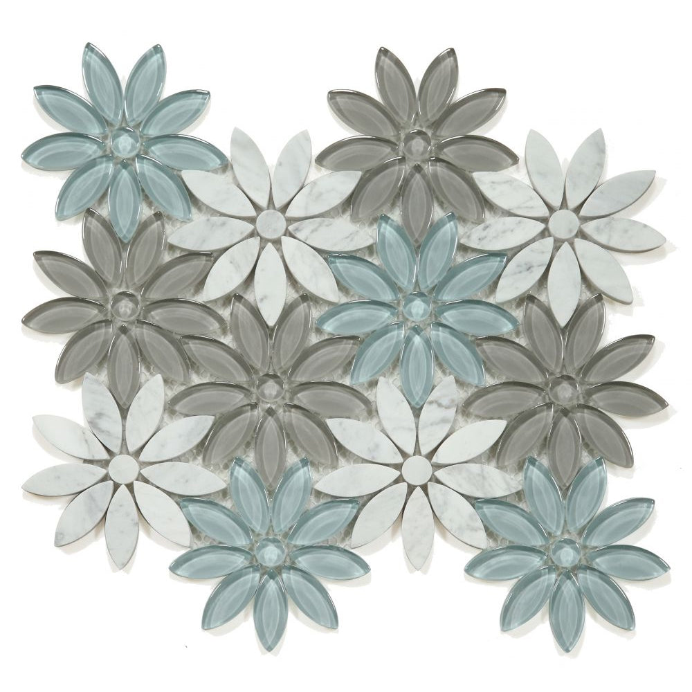 Elysium Tiles Daisy White Sky 10" x 11.25" Glass and Marble Mosaic Tile