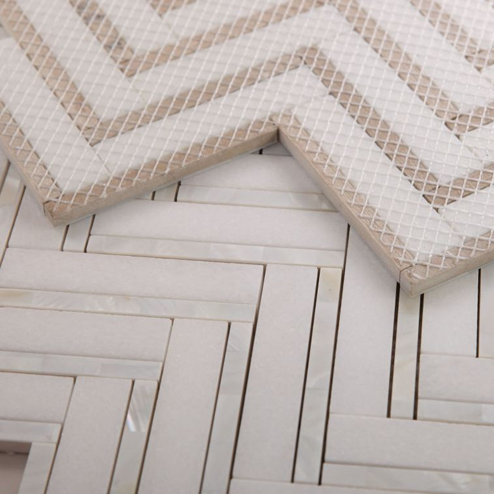 Elysium Tiles Diana Herringbone Thassos 11" x 11.75" Marble Mosaic Tile