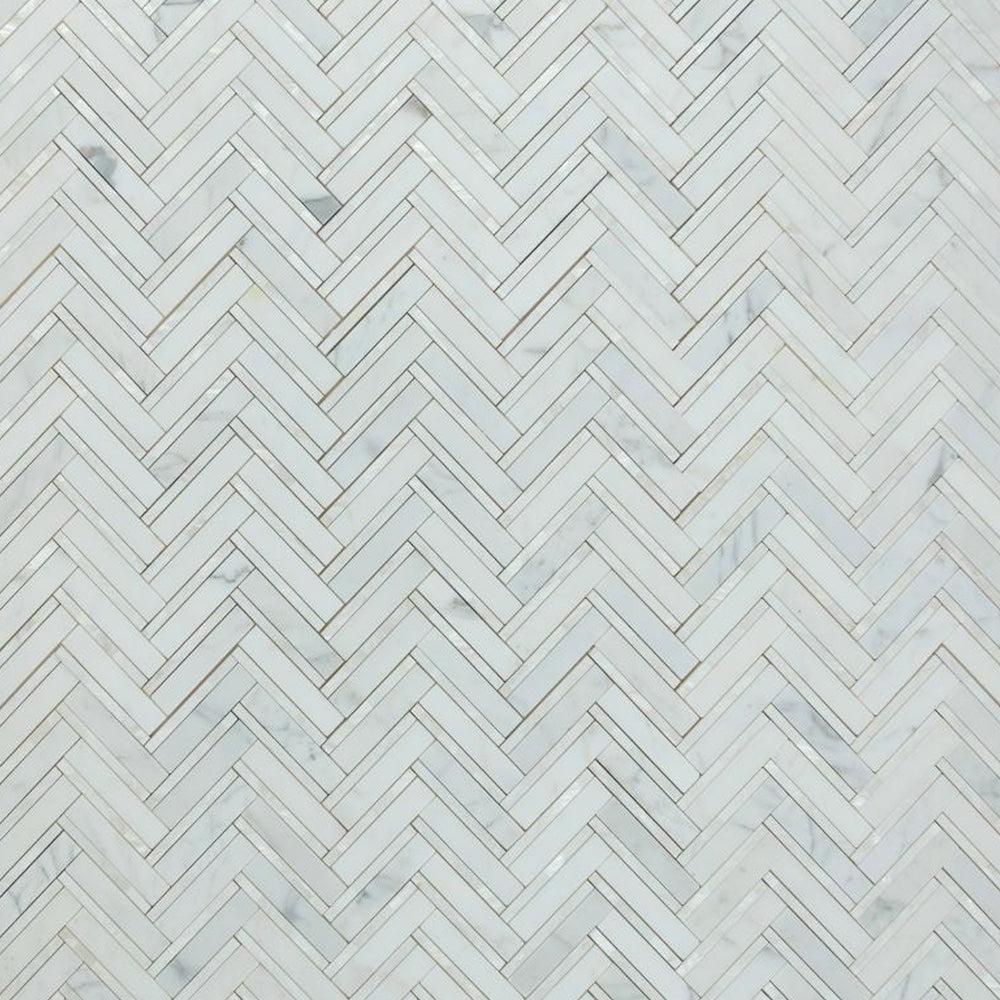 Elysium Tiles Diana Herringbone White 11" x 11.75" Marble Mosaic Tile