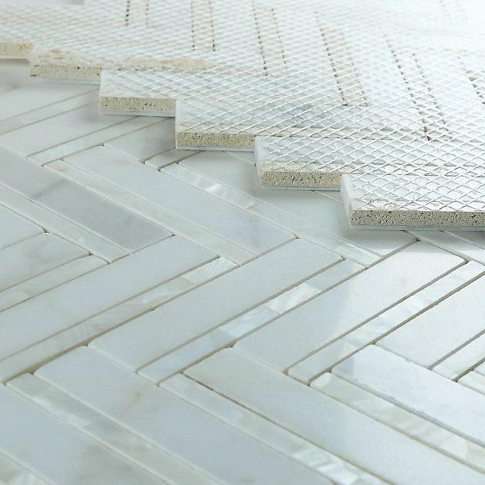 Elysium Tiles Diana Herringbone White 11" x 11.75" Marble Mosaic Tile