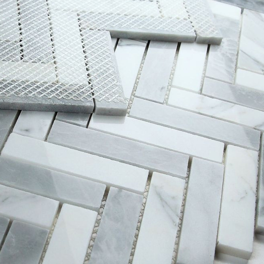 Elysium Tiles Herringbone City Grey 11.25" x 11.25" Marble Mosaic Tile