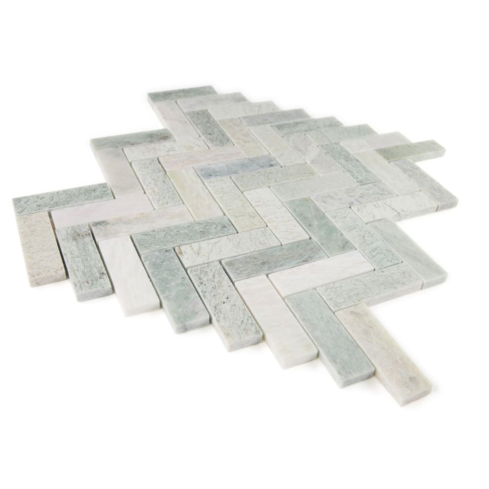 Elysium Tiles Herringbone Green 11" x 12.5" Marble Mosaic Tile