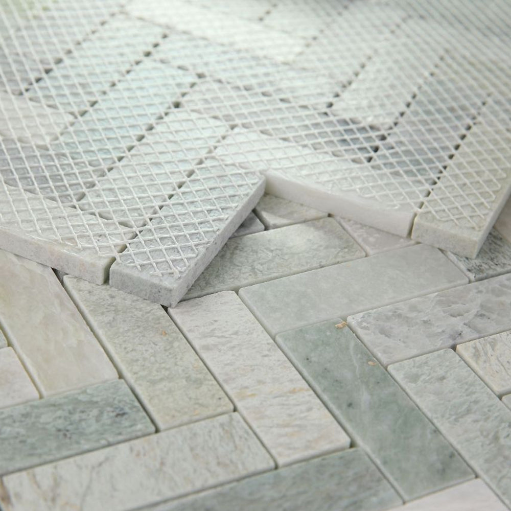 Elysium Tiles Herringbone Green 11" x 12.5" Marble Mosaic Tile