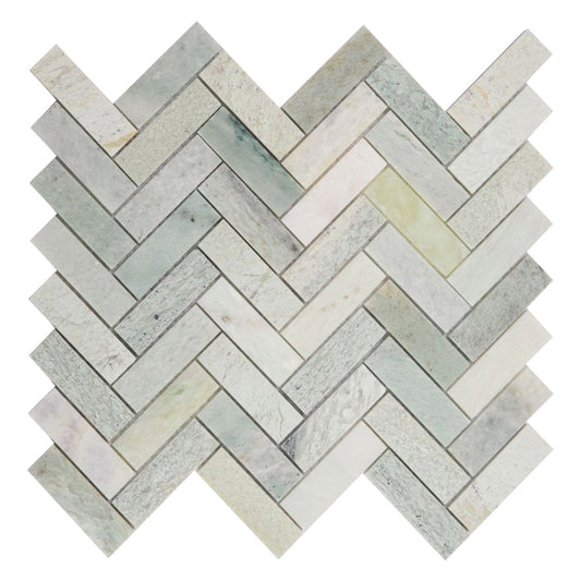 Elysium Tiles Herringbone Green 11" x 12.5" Marble Mosaic Tile