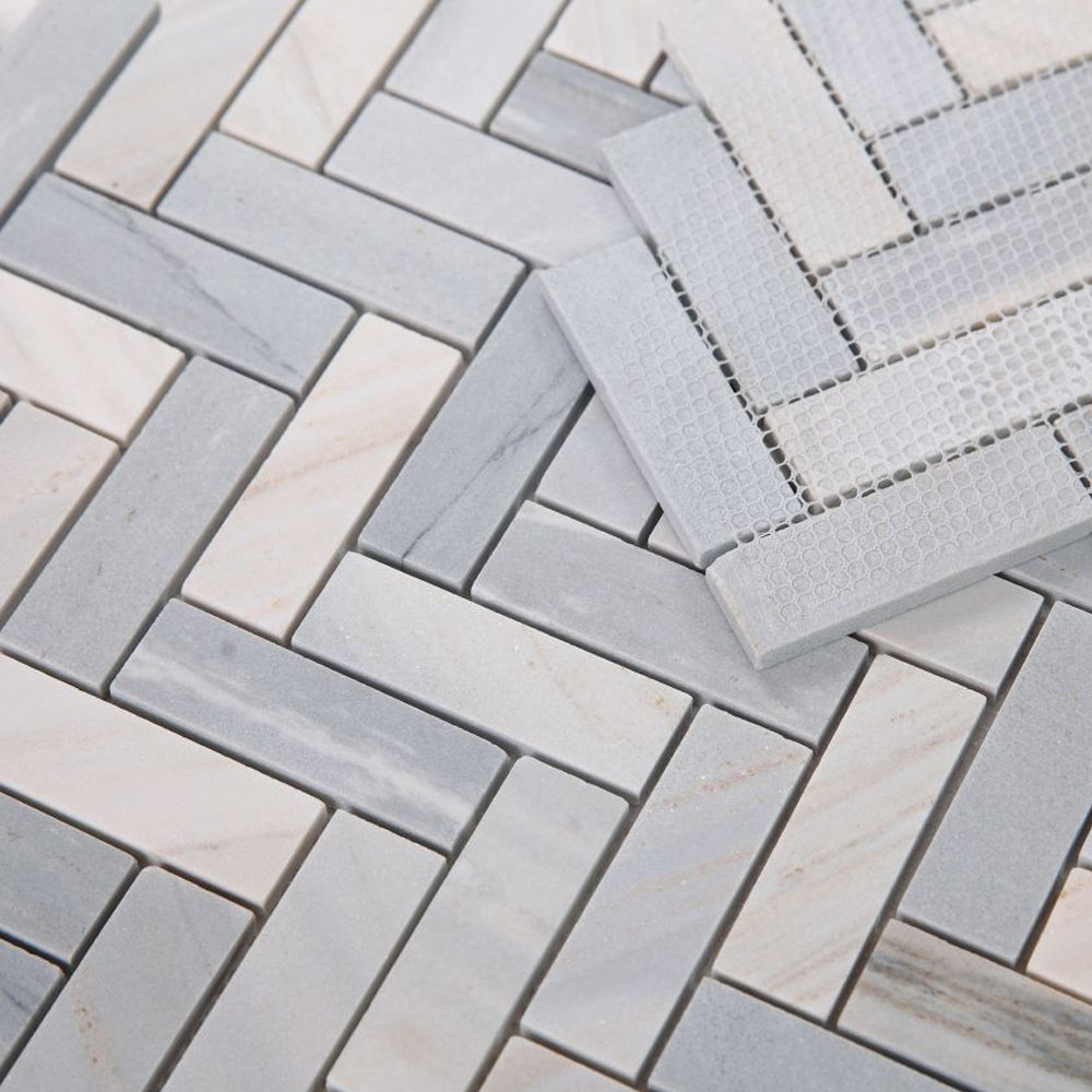 Elysium Tiles Herringbone Italian Blue 11" x 12.5" Marble Mosaic Tile