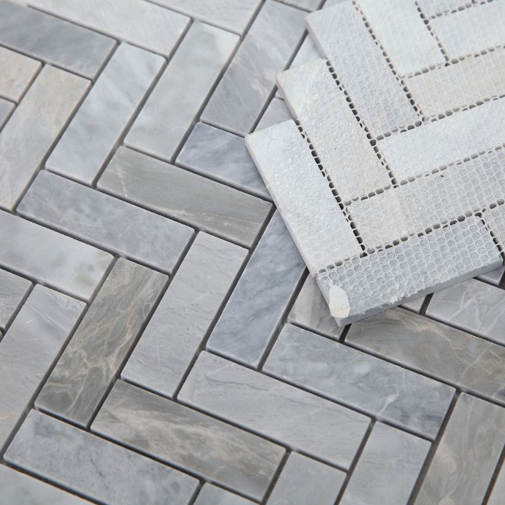 Elysium Tiles Herringbone Italian Grey 11" x 12.5" Marble Mosaic Tile