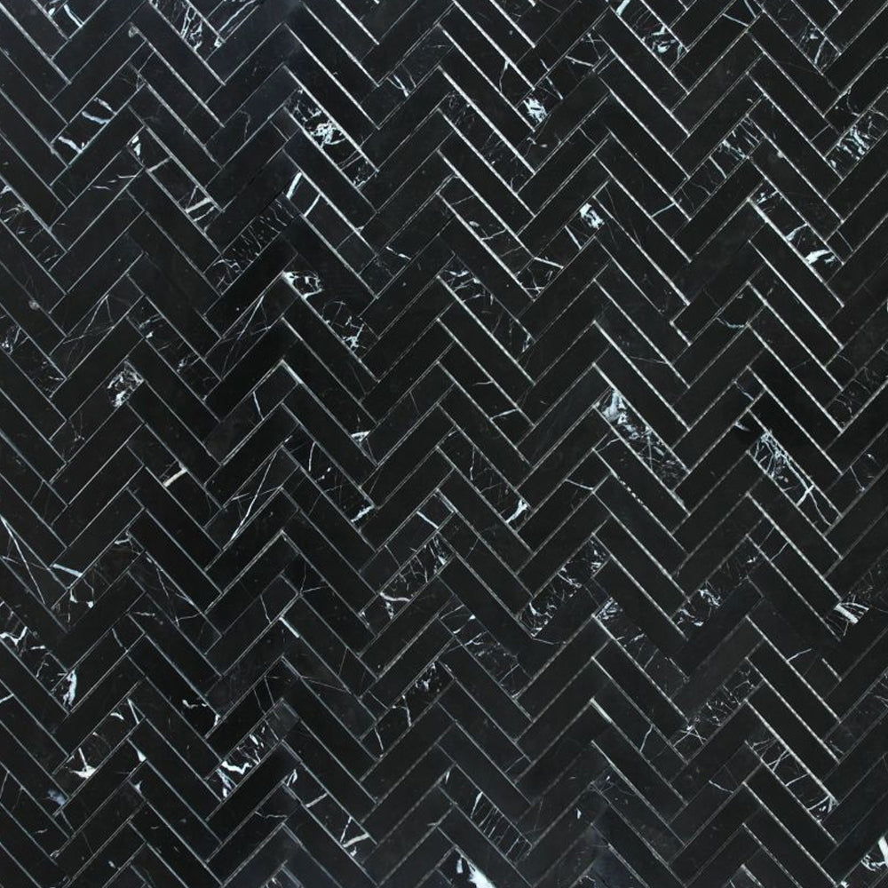 Elysium Tiles Herringbone Marquina 11.25" x 11.25" Marble Mosaic Tile