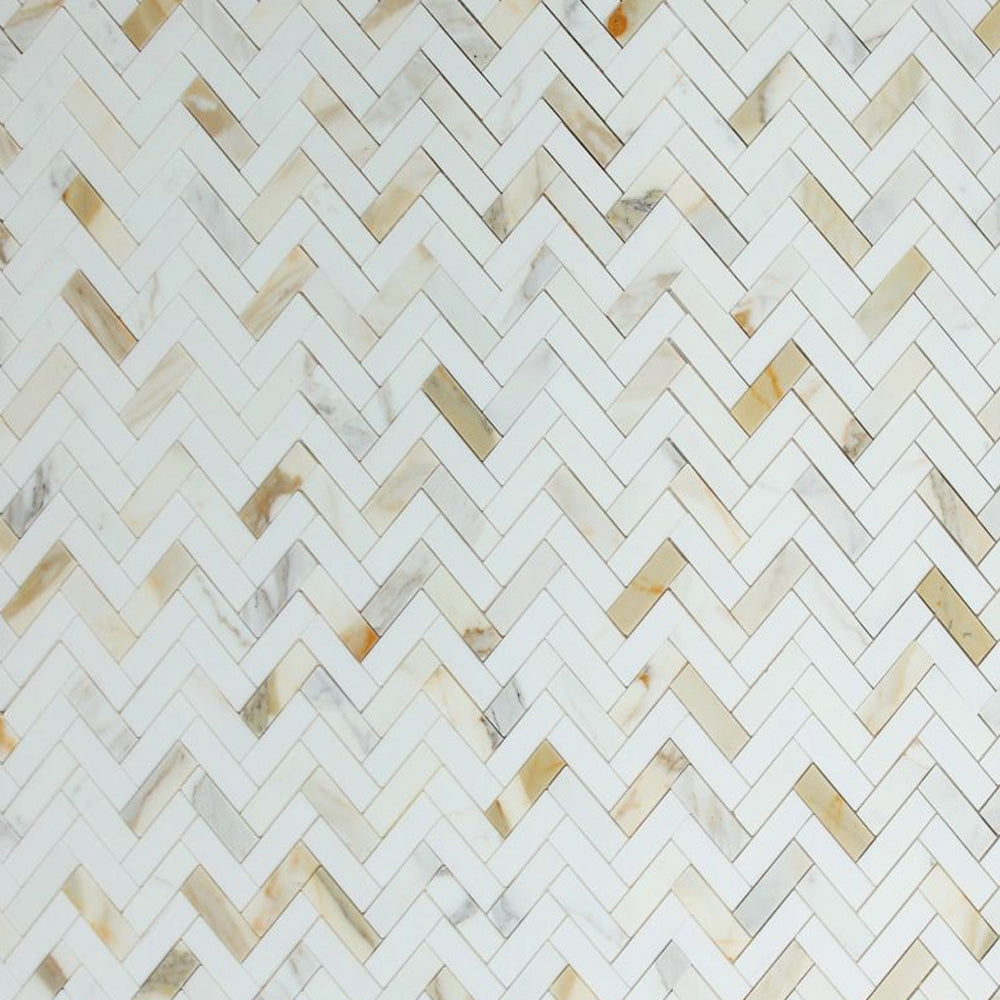 Elysium Tiles Herringbone Sunrise Polished 11" x 12.5" Marble Mosaic Tile