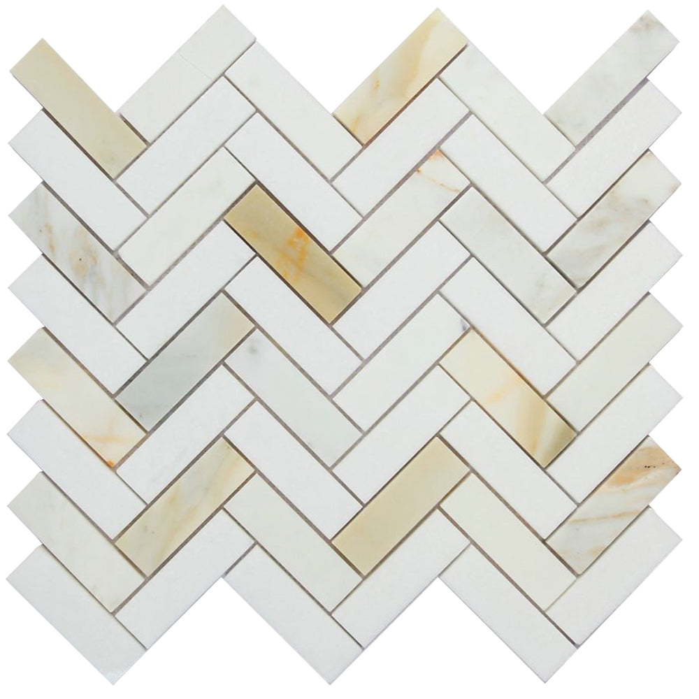 Elysium Tiles Herringbone Sunrise Polished 11" x 12.5" Marble Mosaic Tile