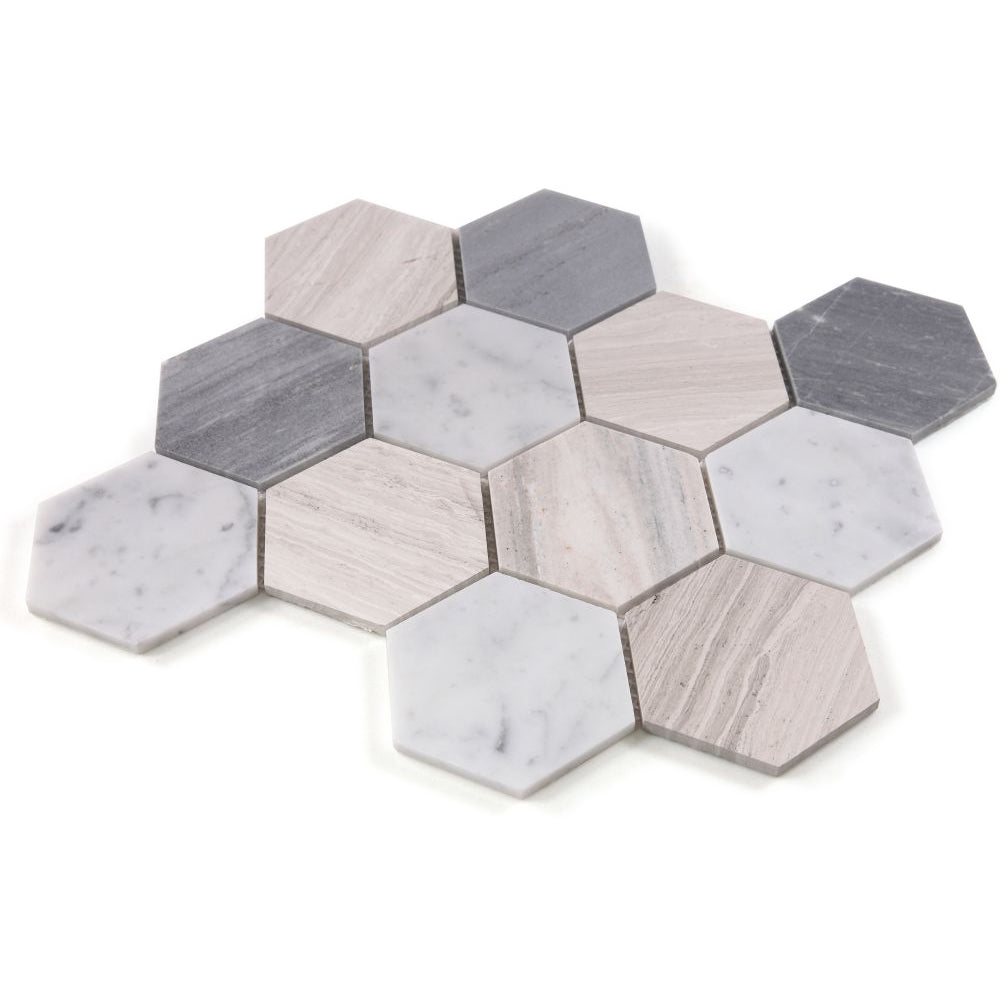 Elysium Tiles Hexagon Blue Large (4" x 4" Pieces) 10.75" x 12.5" Marble Mosaic Tile