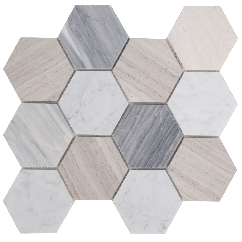 Elysium Tiles Hexagon Blue Large (4" x 4" Pieces) 10.75" x 12.5" Marble Mosaic Tile