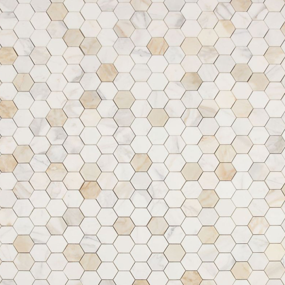 Elysium Tiles Hexagon Calacatta Gold Honed (2" x 2" pieces) 11.75" x 12" Marble Mosaic Tile