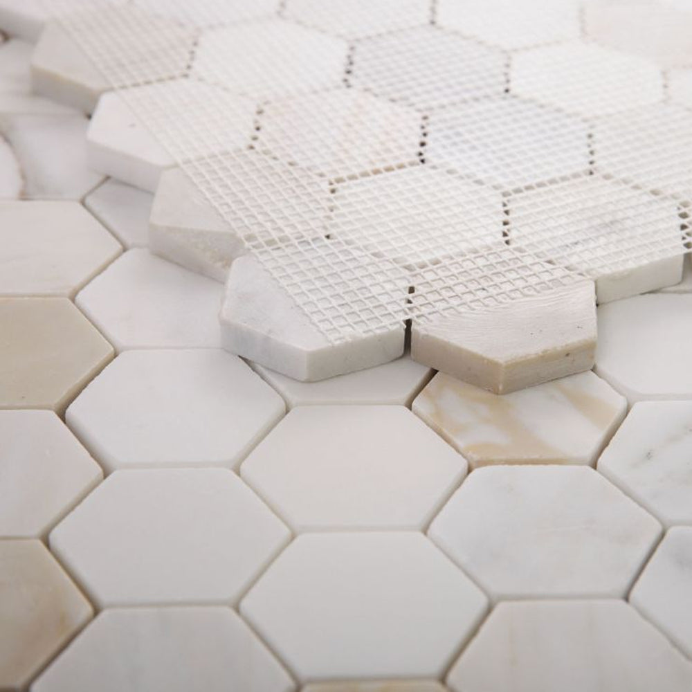 Elysium Tiles Hexagon Calacatta Gold Honed (2" x 2" pieces) 11.75" x 12" Marble Mosaic Tile