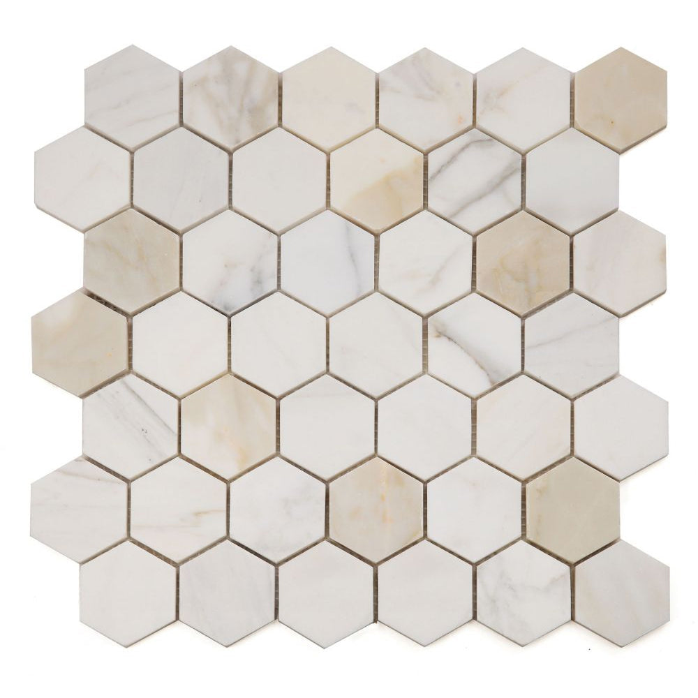 Elysium Tiles Hexagon Calacatta Gold Honed (2" x 2" pieces) 11.75" x 12" Marble Mosaic Tile