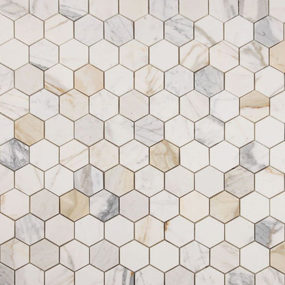 Elysium Tiles Hexagon Calacatta Gold Honed (3" x 3" pieces) 10" x 11.5" Marble Mosaic Tile