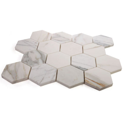 Elysium Tiles Hexagon Calacatta Gold Honed (3" x 3" pieces) 10" x 11.5" Marble Mosaic Tile