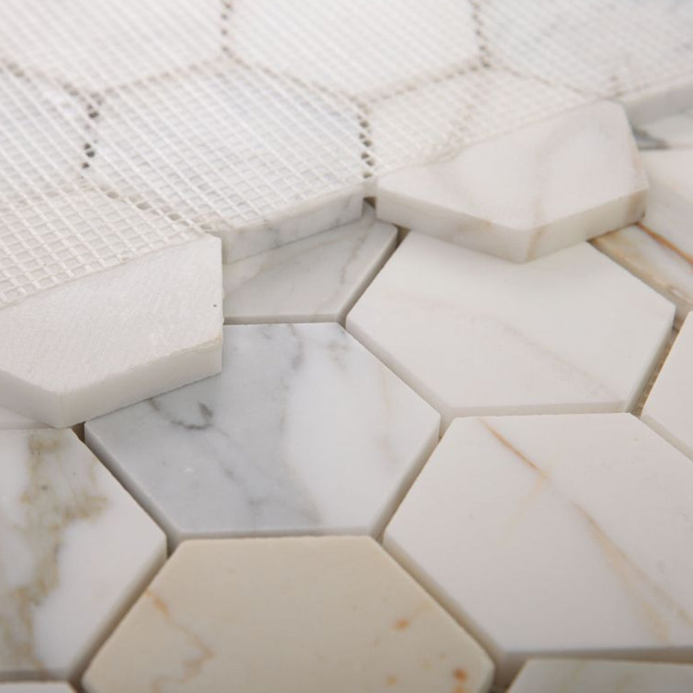 Elysium Tiles Hexagon Calacatta Gold Honed (3" x 3" pieces) 10" x 11.5" Marble Mosaic Tile