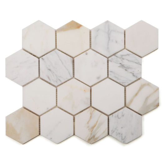 Elysium Tiles Hexagon Calacatta Gold Honed (3" x 3" pieces) 10" x 11.5" Marble Mosaic Tile