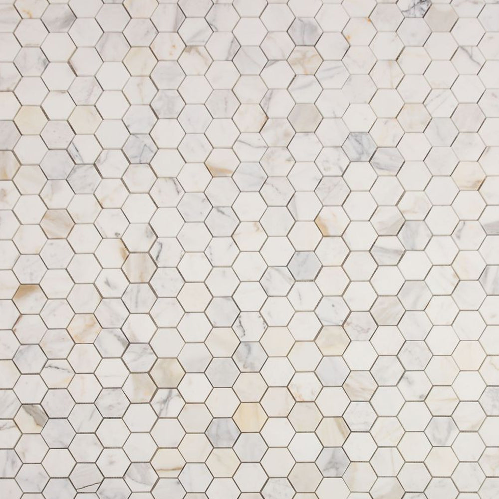 Elysium Tiles Hexagon Calacatta Gold Polished (2" x 2" pieces) 11.75" x 12" Marble Mosaic Tile