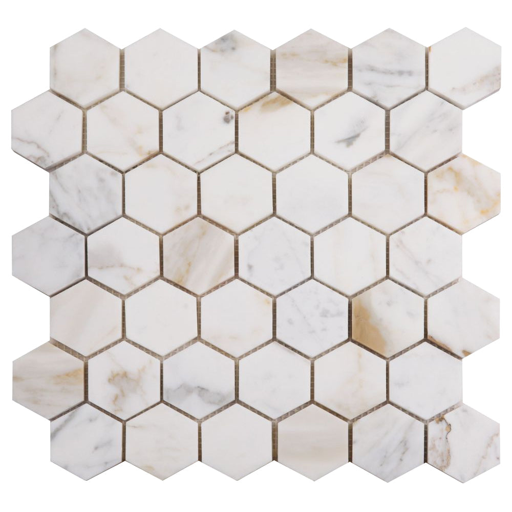 Elysium Tiles Hexagon Calacatta Gold Polished (2" x 2" pieces) 11.75" x 12" Marble Mosaic Tile