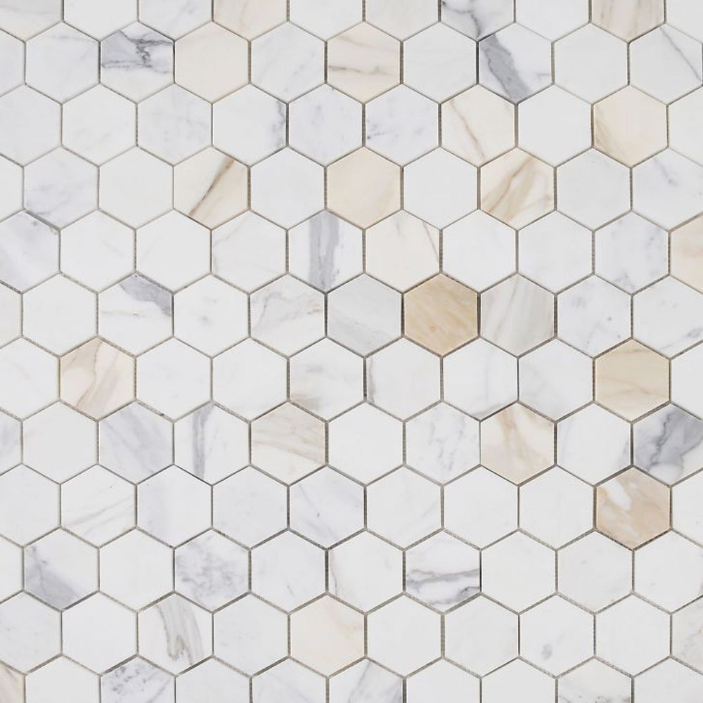 Elysium Tiles Hexagon Calacatta Gold Polished (3" x 3" pieces) 10" x 11.5" Marble Mosaic Tile