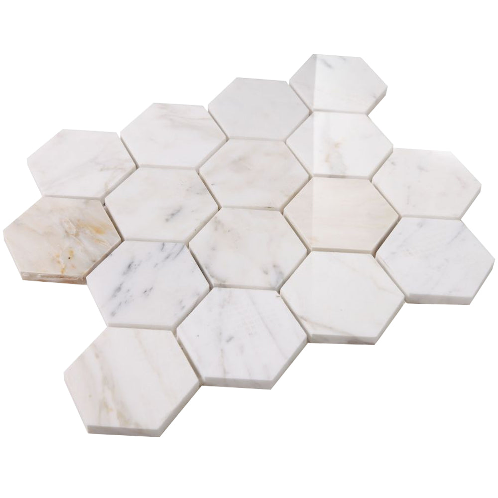 Elysium Tiles Hexagon Calacatta Gold Polished (3" x 3" pieces) 10" x 11.5" Marble Mosaic Tile