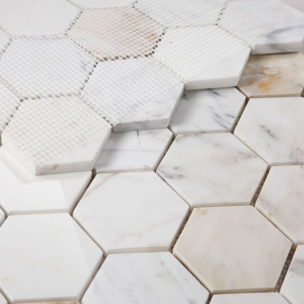 Elysium Tiles Hexagon Calacatta Gold Polished (3" x 3" pieces) 10" x 11.5" Marble Mosaic Tile