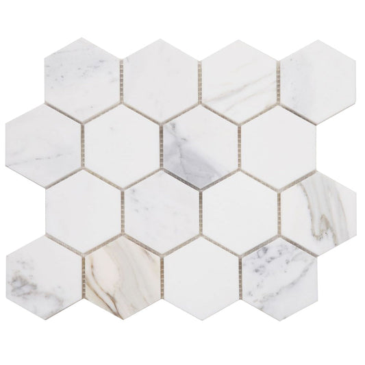 Elysium Tiles Hexagon Calacatta Gold Polished (3" x 3" pieces) 10" x 11.5" Marble Mosaic Tile