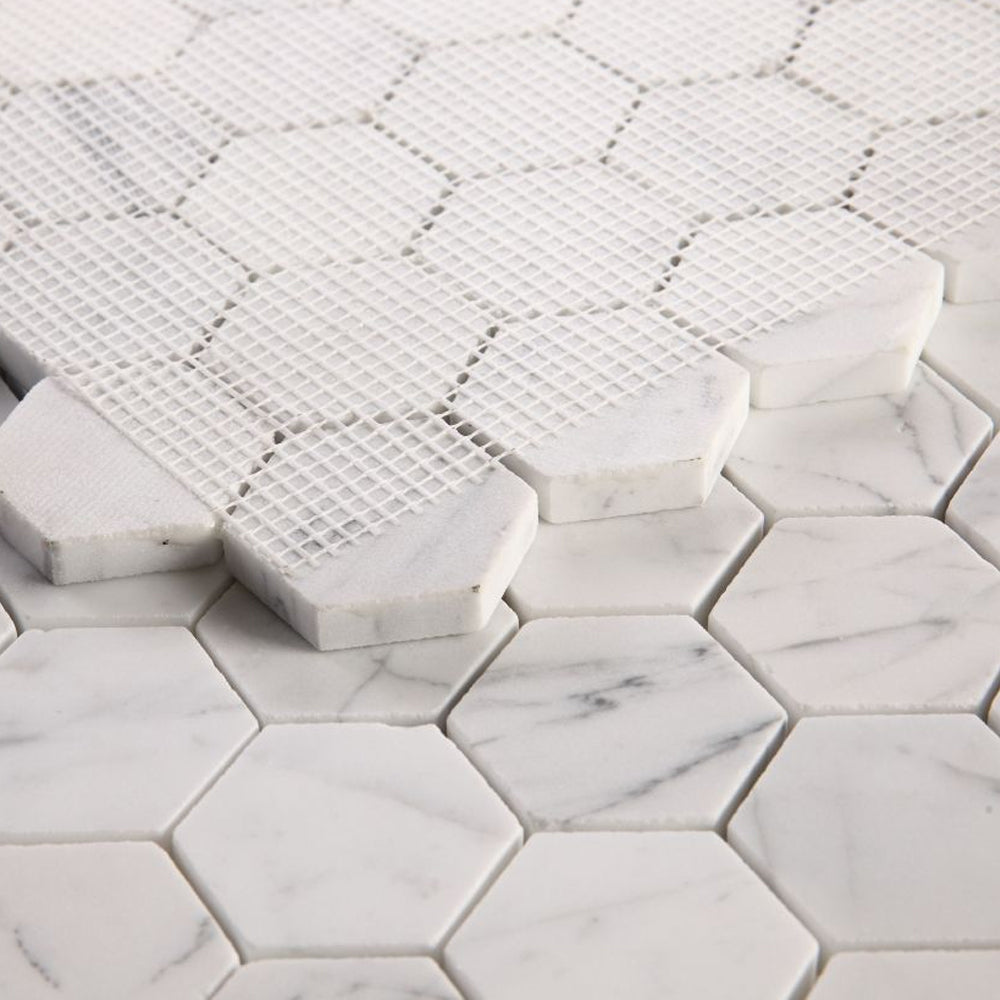 Elysium Tiles Hexagon Calacatta White Honed (2" x 2" pieces) 11.75" x 12" Marble Mosaic Tile