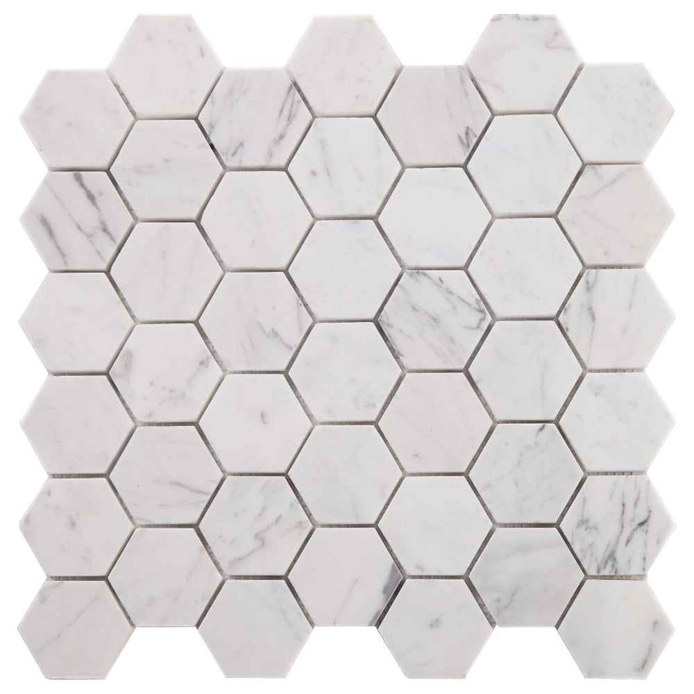 Elysium Tiles Hexagon Calacatta White Honed (2" x 2" pieces) 11.75" x 12" Marble Mosaic Tile