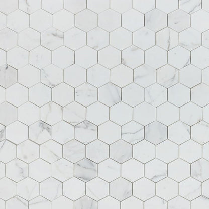 Elysium Tiles Hexagon Calacatta White Honed (3" x 3" pieces) 10.25" x 11.75" Marble Mosaic Tile