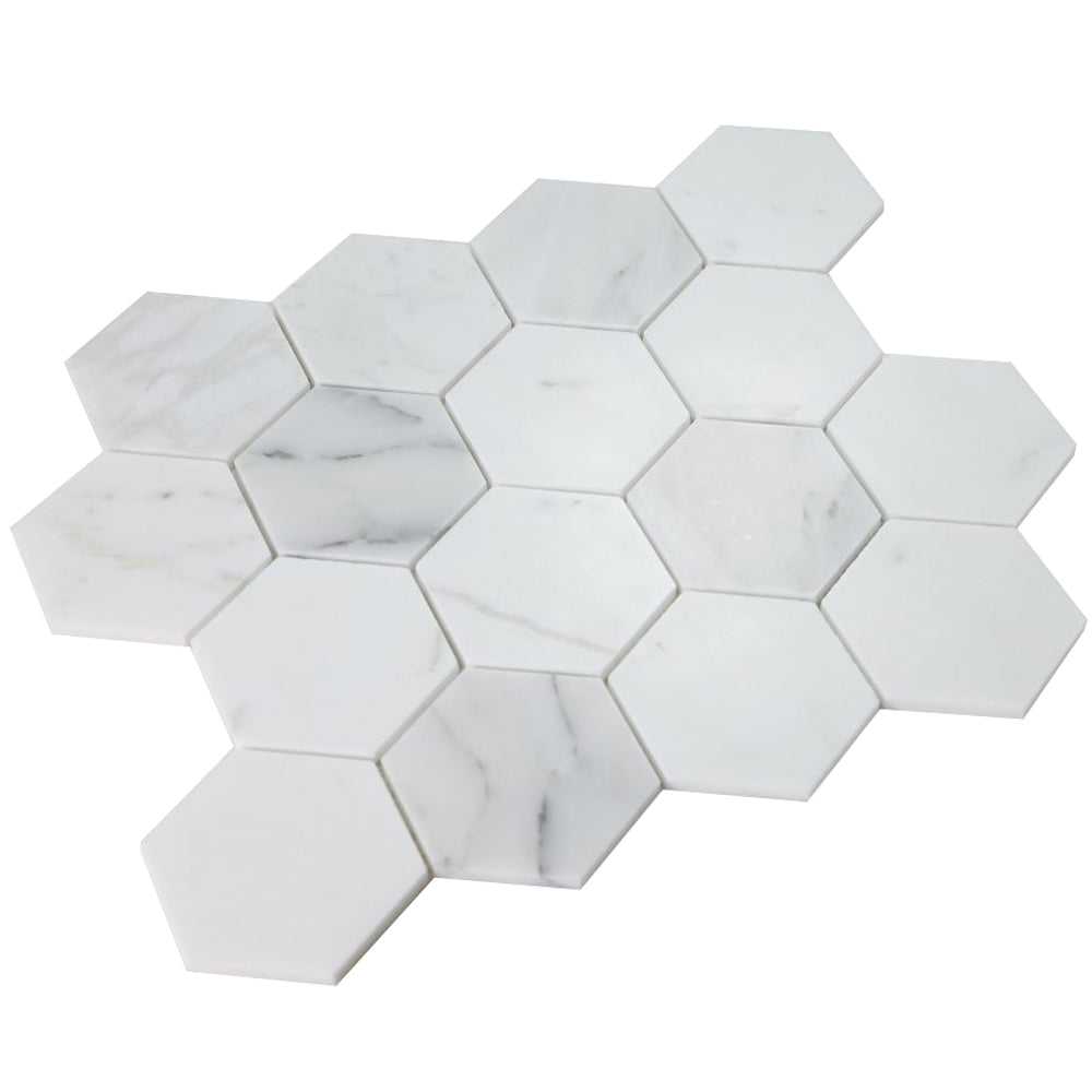 Elysium Tiles Hexagon Calacatta White Honed (3" x 3" pieces) 10.25" x 11.75" Marble Mosaic Tile