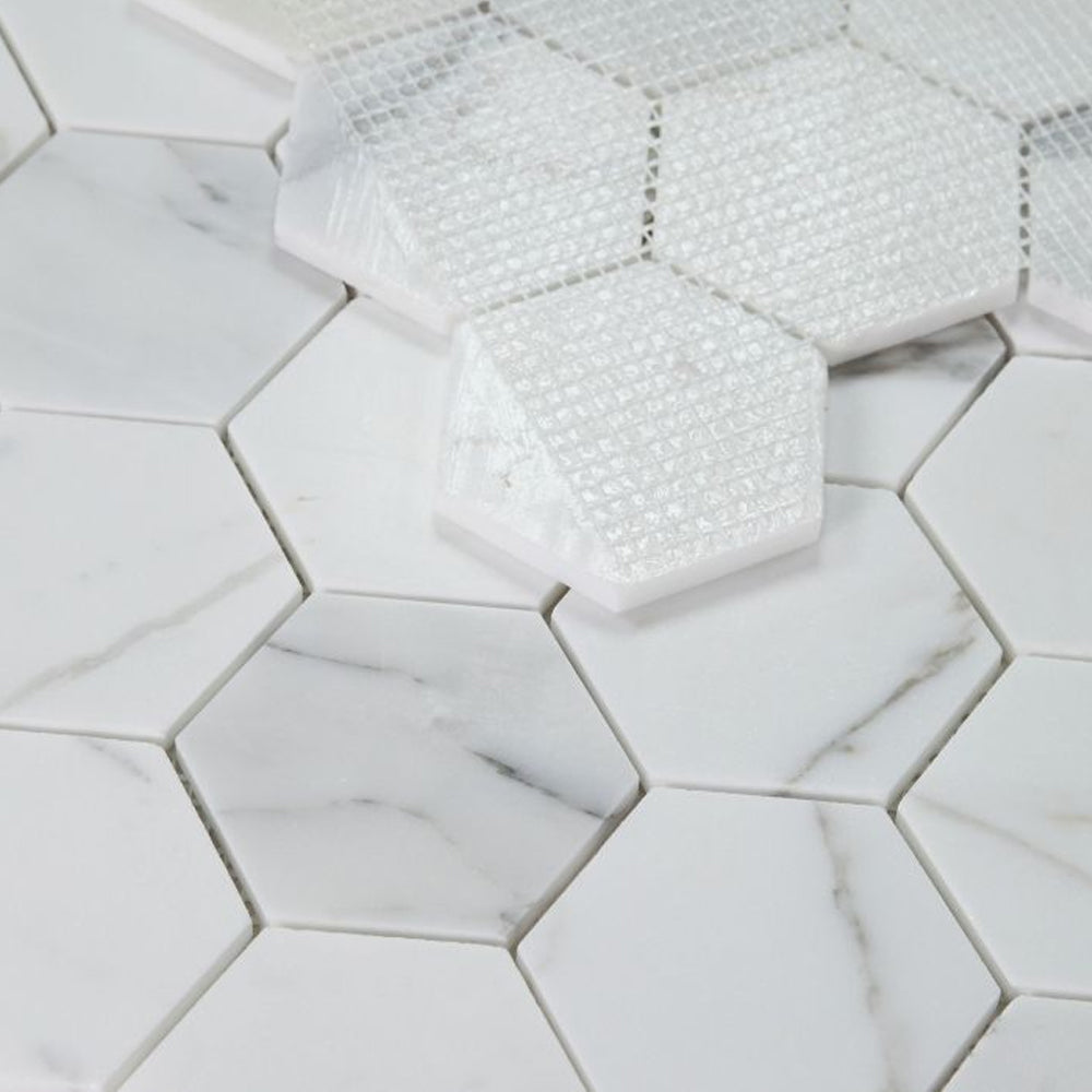 Elysium Tiles Hexagon Calacatta White Honed (3" x 3" pieces) 10.25" x 11.75" Marble Mosaic Tile