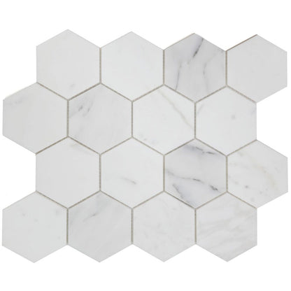 Elysium Tiles Hexagon Calacatta White Honed (3" x 3" pieces) 10.25" x 11.75" Marble Mosaic Tile