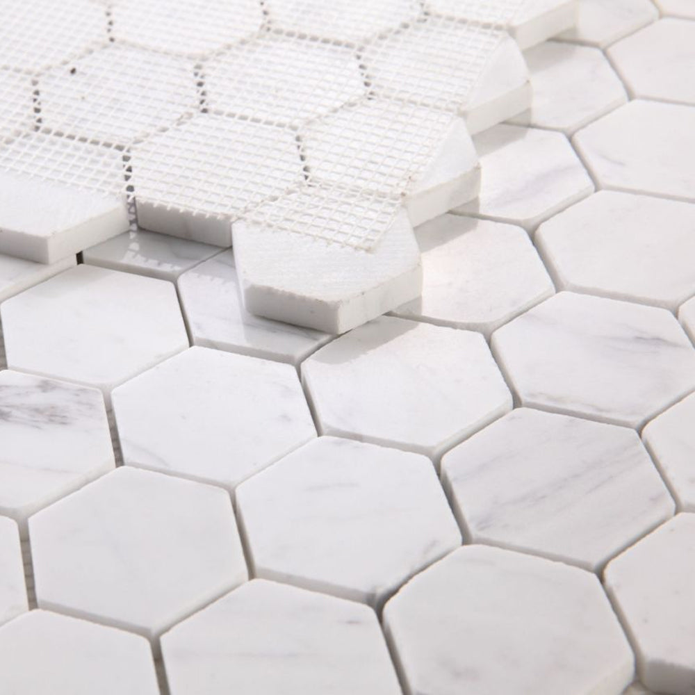 Elysium Tiles Hexagon Calacatta White Polished (2" x 2" pieces) 11.75" x 12" Marble Mosaic Tile