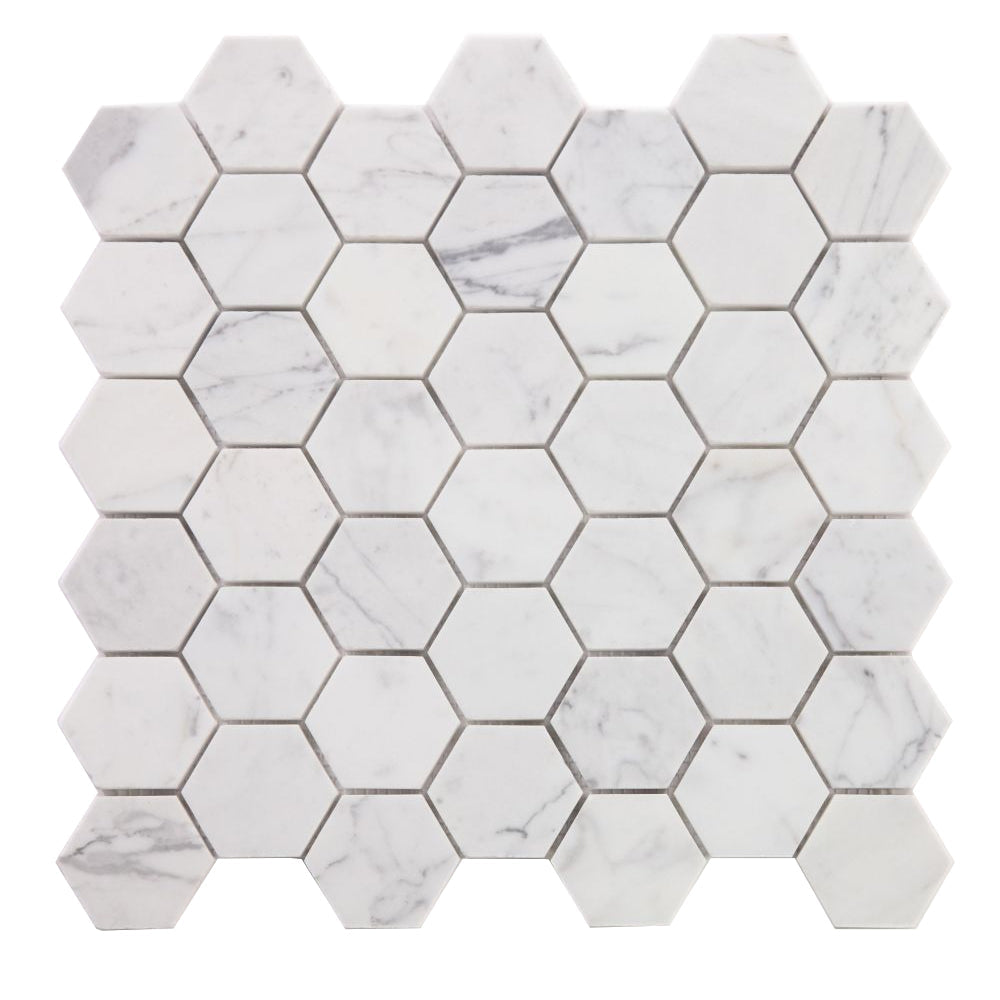 Elysium Tiles Hexagon Calacatta White Polished (2" x 2" pieces) 11.75" x 12" Marble Mosaic Tile