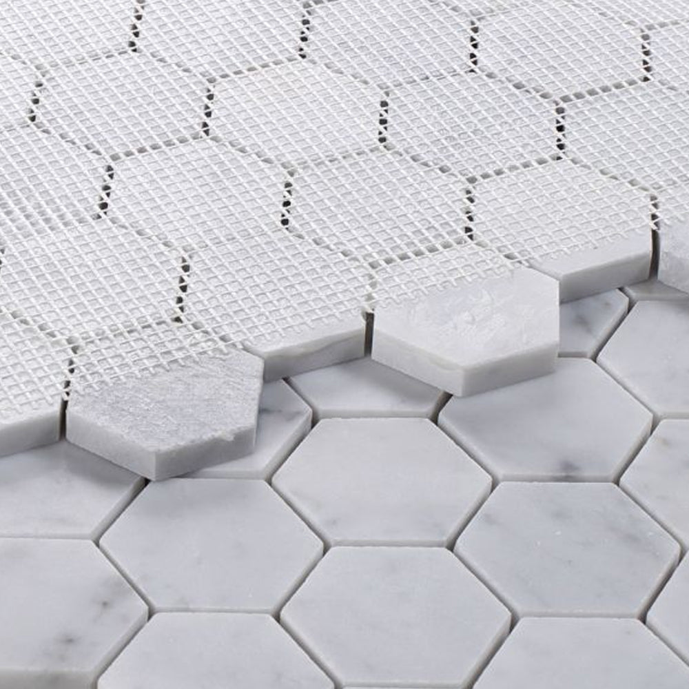 Elysium Tiles Hexagon Carrara Honed (2" x 2" pieces) 11.75" x 12" Marble Mosaic Tile