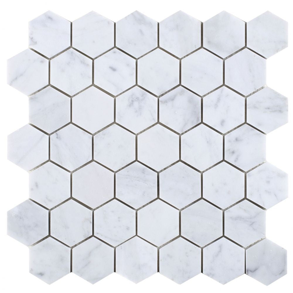 Elysium Tiles Hexagon Carrara Honed (2" x 2" pieces) 11.75" x 12" Marble Mosaic Tile