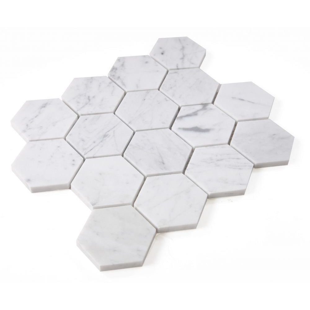 Elysium Tiles Hexagon Carrara Honed (3" x 3" pieces) 10" x 11.5" Marble Mosaic Tile