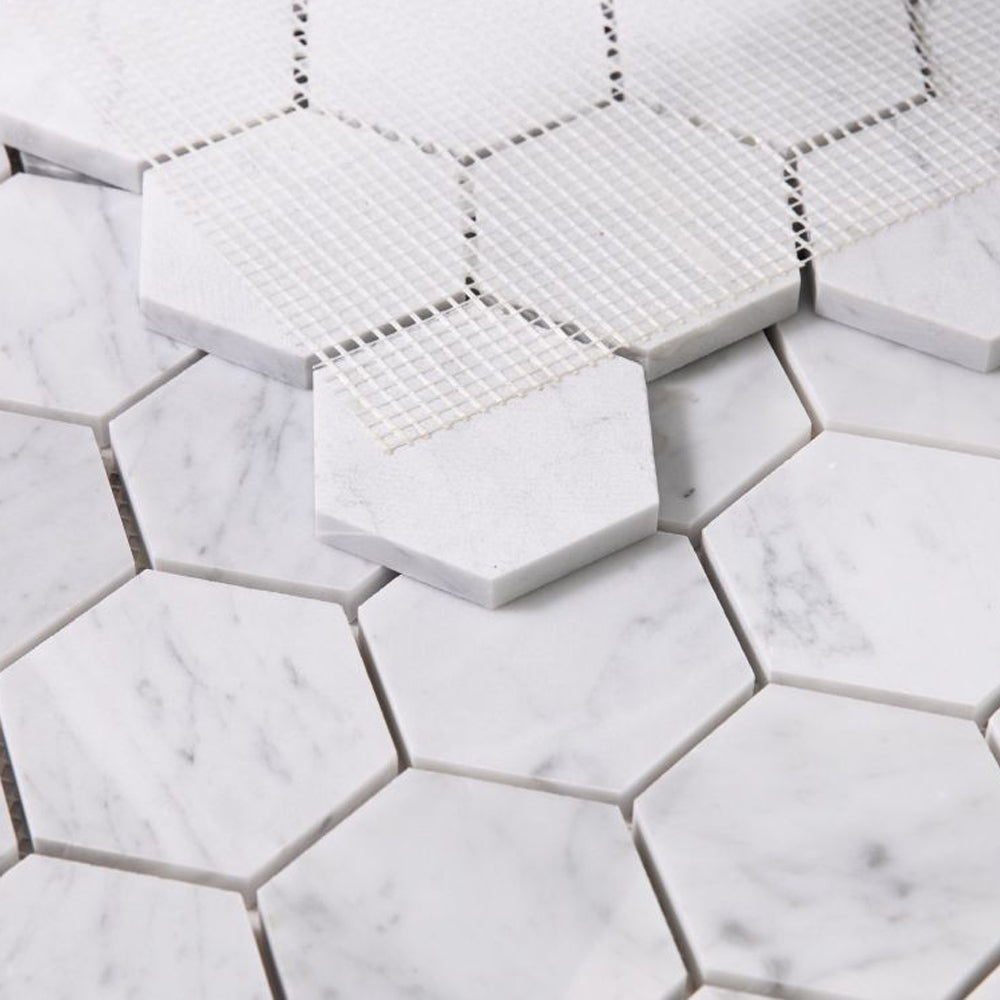 Elysium Tiles Hexagon Carrara Honed (3" x 3" pieces) 10" x 11.5" Marble Mosaic Tile