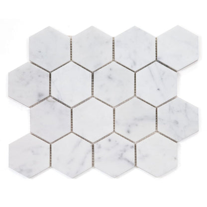 Elysium Tiles Hexagon Carrara Honed (3" x 3" pieces) 10" x 11.5" Marble Mosaic Tile