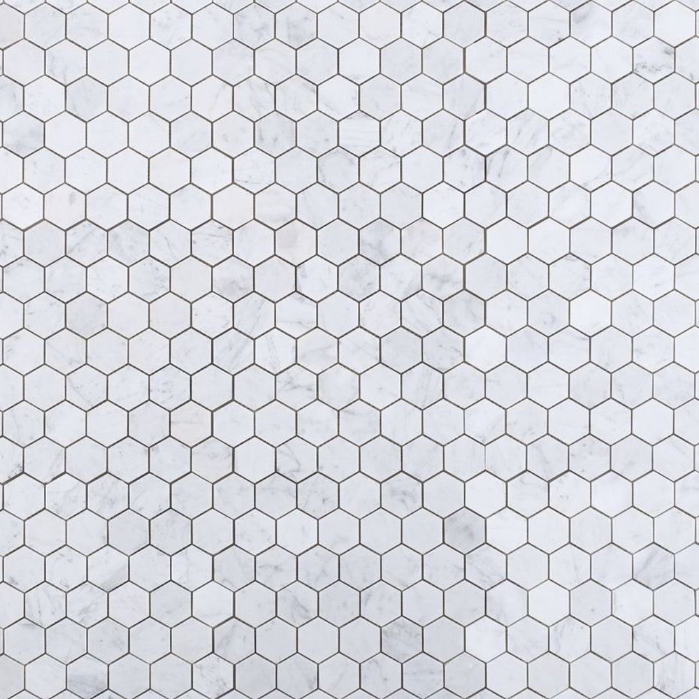 Elysium Tiles Hexagon Carrara Polished (2" x 2" pieces) 12" x 12" Marble Mosaic Tile