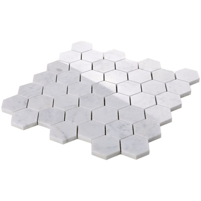 Elysium Tiles Hexagon Carrara Polished (2" x 2" pieces) 12" x 12" Marble Mosaic Tile