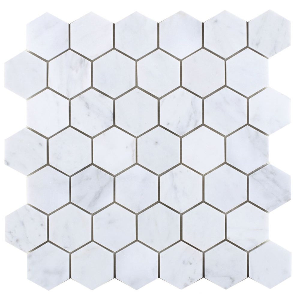 Elysium Tiles Hexagon Carrara Polished (2" x 2" pieces) 12" x 12" Marble Mosaic Tile