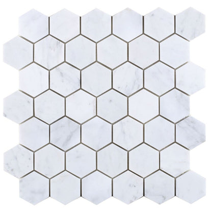 Elysium Tiles Hexagon Carrara Polished (2" x 2" pieces) 12" x 12" Marble Mosaic Tile