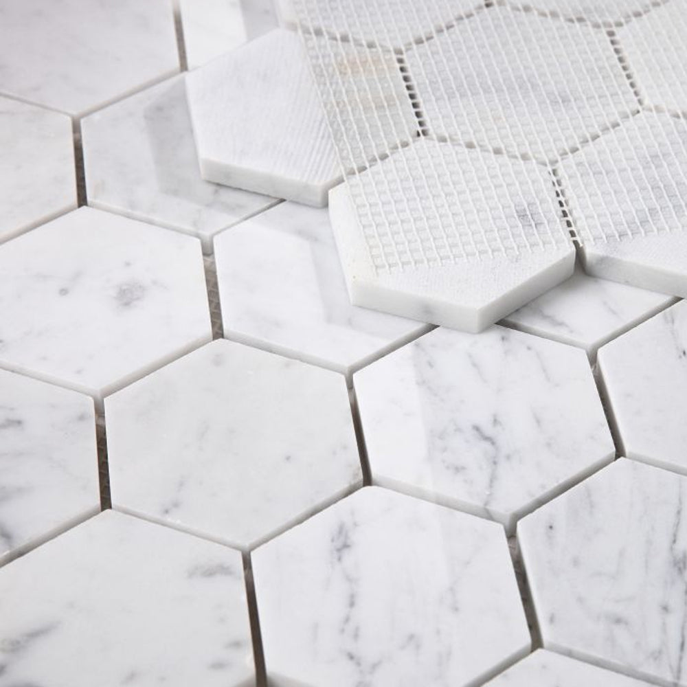 Elysium Tiles Hexagon Carrara Polished (3" x 3" pieces) 10" x 11.5" Marble Mosaic Tile