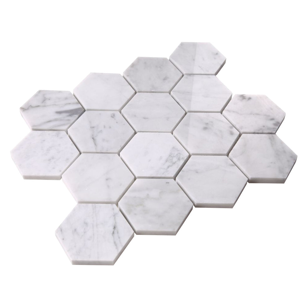 Elysium Tiles Hexagon Carrara Polished (3" x 3" pieces) 10" x 11.5" Marble Mosaic Tile