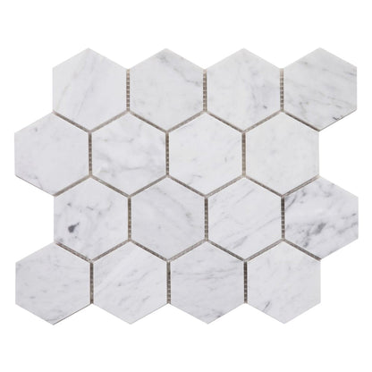 Elysium Tiles Hexagon Carrara Polished (3" x 3" pieces) 10" x 11.5" Marble Mosaic Tile