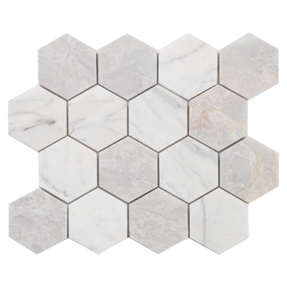 Elysium Tiles Hexagon City Grey (3" x 3" pieces) 10.25" x 11.75" Marble Mosaic Tile