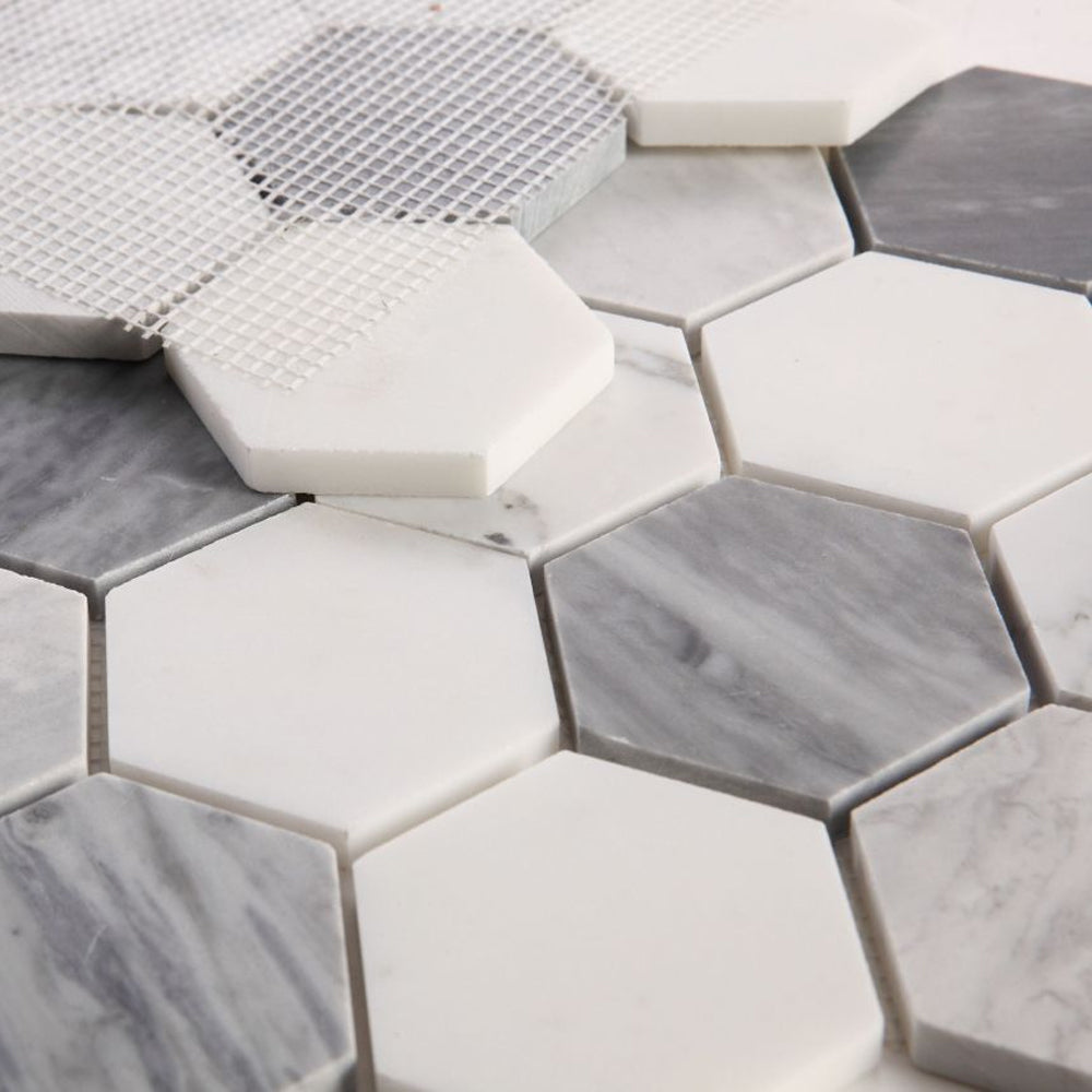 Elysium Tiles Hexagon Dusk (3" x 3" pieces) 10" x 11.5" Marble Mosaic Tile